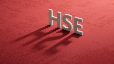 3D şarküterilerin gölgesinde HSE Sağlık Güvenliği Ortamı kısaltması. Kırmızı arka planda 3D görüntüleme.