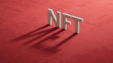 İş konsepti. Belgelerde üç boyutlu şarküterilerin gölgesine işaret eden bir büyüteç var. Üzerinde NFT yazılıydı. Kırmızı arka planda 3D iş konsepti..