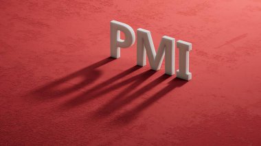 PMI harfli 3D Charcaters 'ın gölgesi. PMI - Proje Yönetimi Enstitüsü 'nün kısaltması. 3D Charcaters' ın gölgesine yakın çekim, kırmızı arkaplanda 3D İş Konsepti.