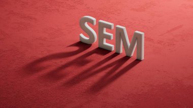 SEM sembolü. SEM kavramını kullan. 3 boyutlu şarküterilerin ve blokların gölgesinde arama motoru pazarlaması. İş ve arama motoru pazarlama - SEM konsepti. Kırmızı arkaplana 3D uzay görüntülemesini kopyala.