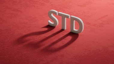 Cinsel yolla bulaşan cinsel yolla bulaşan hastalıklar metni üç boyutlu şarküterilerin gölgesi üzerine. Tıbbi kavram. 3D Charcaters 'ın gölgesine yakın çekim, kırmızı arka planda 3D iş konsepti..