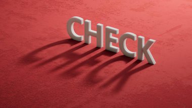 CHECK iş sözcüğüyle 3D Charcaters 'ın gölgesi. Görev, Vizyon ve temel değerler kavramı. 3D şarküterilerin gölgesine yakın plan, kırmızı arkaplanda 3D İş Konsepti.