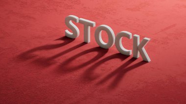 STOCK iş sözcüğüne sahip 3D Charcaters 'ın gölgesi. 3D Charcaters' ın gölgesine yakın çekim. Kırmızı arka planda 3D İş Konsepti..