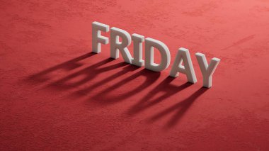 Cuma kelime konsepti. 3D Charcaters 'ın gölgesi, not defteri, kalem ve iş kartları. 3D Charcaters' ın gölgesine yakın çekim, kırmızı arka planda 3D iş konsepti..