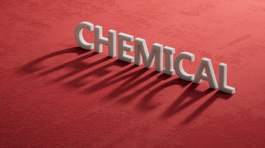 3D şarküterilerin gölgesi üzerine CHEMICAL metin sözcüğü. Kırmızı arkaplanda 3D yorumlama.
