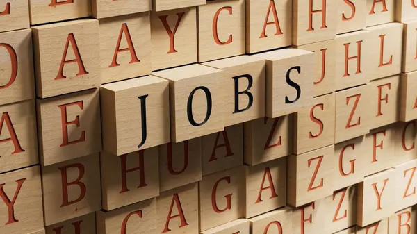 JoBS iş sözcüğüyle tahta bloklar. Ahşap blokları kapatın, ahşap arka planda 3D iş konsepti oluşturun..