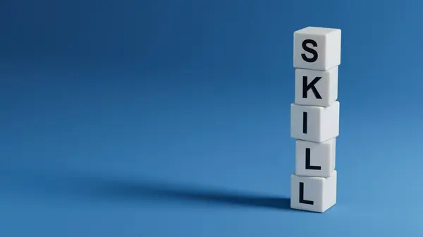 Kelime becerisi, ahşap küçük ahşap elementler, kopyalanabilir harflerle. Ahşap elementlerin yakınlaştırılması, mavi arkaplanda 3D iş konsepti..