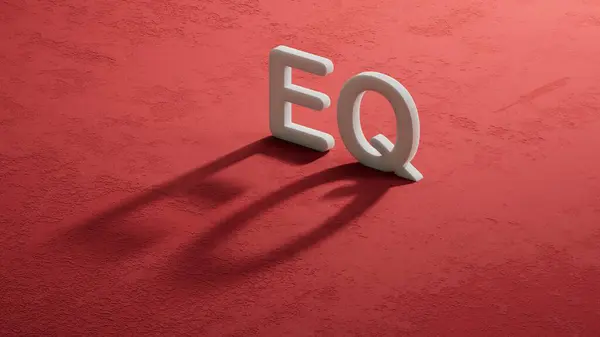 Kalın bir yazı tipi kullanarak EQ 'nun İngilizce 3D çizimi. Duygusal zeka ve berraklık taşır. 3D şarküterilerin gölgesi. Kırmızı arka planda 3D görüntüleme..