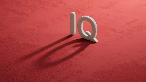 IQ konsepti. Soruların ve cevapların kısaltması veya test edicinin veya kalite mühendisinin işi. 3D şarküterilerin gölgesine yakın çekim, kırmızı arkaplanda 3D İş Konsepti.