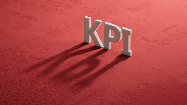 KPI metni olan 3D Charcaters 'ın gölgesi. Finansal, pazarlama. 3D Charcaters 'ın gölgesine yakın, kırmızı arka planda 3D İş Konsepti.