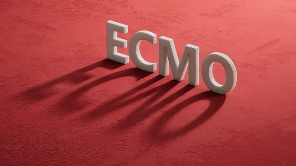 ECMO kelimesi üç boyutlu şarküterilerin gölgesinde yazıyor. Tıbbi konsept. 3D Charcaters 'ın gölgesine yakın çekim, kırmızı arka planda 3D İş Konsepti.