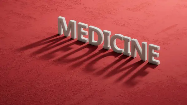 3D şarküterilerin gölgesi üzerine MEDICINE metin sözcüğü. Kırmızı arkaplanda 3D görüntüleme.