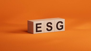 Çevresel, Sosyal ve Ahşap Küpler Yönetimi. Tahta küplere yakın, Turuncu arka planda 3D İş Konsepti.