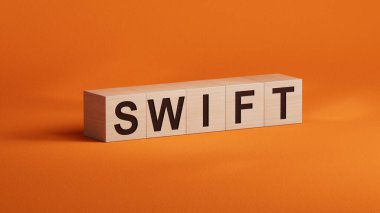 Hızlı iş dilinde ahşap küpler. Ahşap küplere yakın çekim. Turuncu arka planda 3D iş konsepti..