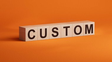 Özel kelime konsepti. Tahta küpler, not defteri, kalem ve iş kartları. Tahta küplere yakın çekim, turuncu arka planda 3D iş konsepti..