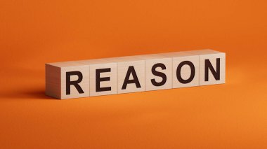 Mantık sembolü. Ahşap küp kavramını kavra. İş ve mantık kavramını. Boşluğu kopyala. Ahşap küpleri kapat. Turuncu arkaplanda 3D iş konsepti oluştur..