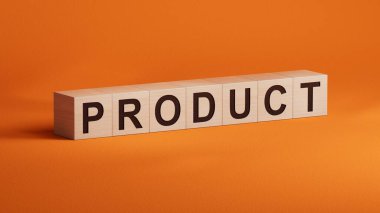 Tahta masadaki tahta blokların üzerinde harfler olan bir ürün kelimesi. Ürün veya hizmet satış sektörü kavramı turuncu arka planda 3D.