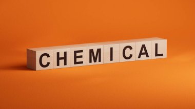 Turuncu arka planda ahşap 3D çizim üzerine CHEMICAL metin sözcüğü.