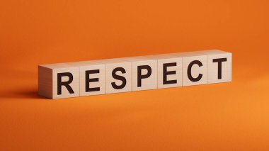 Tahta küplere saygı kavramı. Tahta küplere yakın, turuncu arka planda 3D iş konsepti..