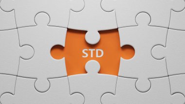 Cinsel yolla bulaşan cinsel yolla bulaşan hastalıklar beyaz yapboz parçalarında eksik parçalar var. Tıbbi kavram. Eksik parçaları olan beyaz yapboz parçalarını kapat. Turuncu arka planda 3D iş konsepti..