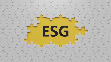 Çevresel, Sosyal ve Yönetim, kayıp parçalarla birlikte beyaz yapboz parçalarını kapatıyor. Eksik parçalı beyaz yapboz parçalarını, sarı arkaplanda 3D İş Konsepti çiziyor..
