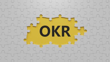 İş ve tasarım kavramı - gerçeküstü beyaz yapboz parçaları ve kayıp parçalar OKR. Liderliğin, iletişimin ve başarının sembolü. Sarı arkaplandaki iş konsepti 3D.