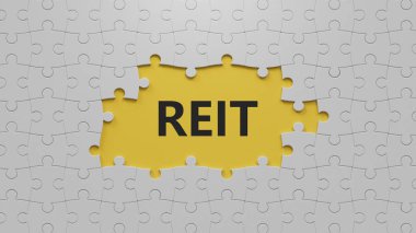 Kelime reit on the white puzzle piece with the missing space.close of the white puzzle piece with missing parts, Business Concept3D rending on yellow background.