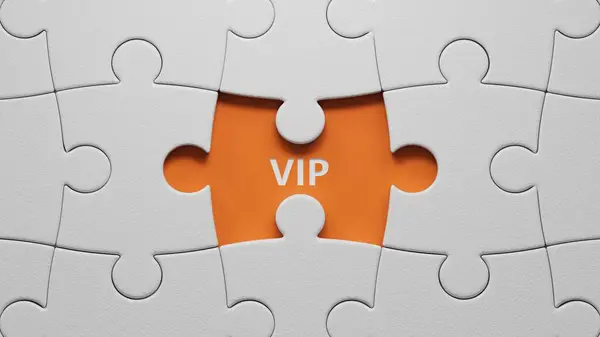 VIP. Eksik parçaları olan beyaz yapboz parçaları VIP kelimesini oluşturuyor. Kısaltma VIP konsepti - Turuncu arka planda canlandırılan çok önemli kişi 3D.