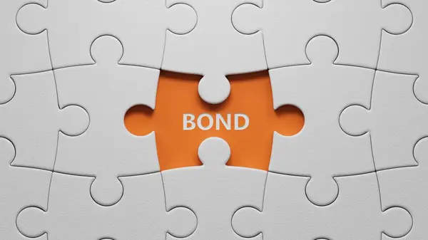 Tahta bloklarla kelime bağı. Seçici odaklanma. Eksik parçalı beyaz yapboz parçalarını kapat. Turuncu arkaplanda 3D İş Konsepti.