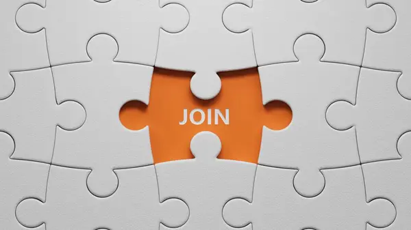 İçinde JOIN iş sözcüğünün eksik olduğu beyaz yapboz parçaları. Eksik parçalı beyaz yapboz parçalarına yakından bakın. Turuncu arkaplanda 3D İş Konsepti..