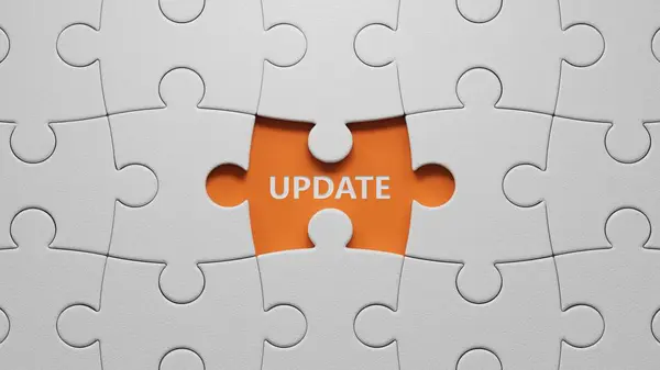 İçinde kelime güncellemesi olan beyaz bulmaca parçaları. Hayat sigortası ve sağlık sigortası kavramına yatırım. Beyaz yapboz parçalarının üzerinde eksik parçalar, turuncu arka planda 3D İş Konsepti.