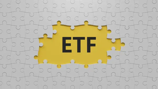 ETF - yapı taşları, metinler, harfler üzerine kelime kavramı. Beyaz yapboz parçalarının eksik parçaları, sarı arkaplanda 3D İş Konsepti.