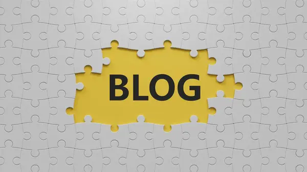 Blog sembolü. Eksik parçaları olan beyaz yapboz parçalarının konsept günlüğü. İş ve Günlük kavramı. Boşluğu kopyala. İş Konsepti 3D sarı arkaplan üzerinde canlandırma.