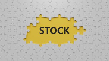 STOCK iş sözcüğünün eksik olduğu beyaz yapboz parçaları. Beyaz yapboz parçalarının içinde eksik parçalar var. Sarı arkaplanda 3D İş Konsepti..