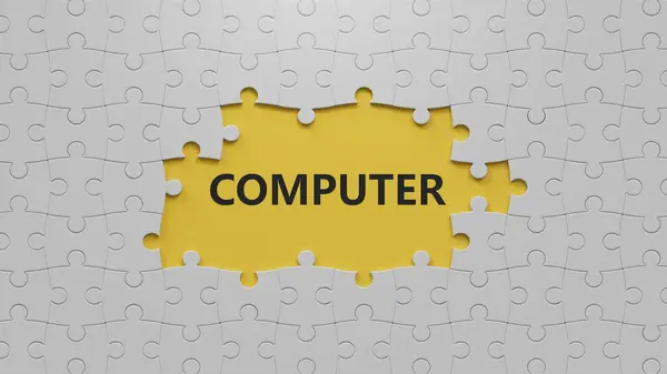 Bilgisayar. Yazılışı eksik olan beyaz yapboz parçaları. Yukarıdan bakıldığında, üzerinde eksik düğmeler olan beyaz yapboz parçaları. Bilişim teknolojisi konsepti, sarı arka planda 3D görüntüleme..