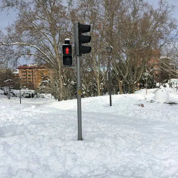 Kar, karlı bir sokakta kırmızı ışıklar. Madrid, İspanya 'nın manzarası.. 
