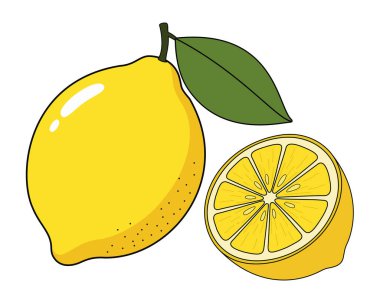 Sarı bir limon ve yeşil yapraklı dilimlenmiş bir limon. Yemek, sağlıklı beslenme, yemek tarifleri ve narenciye temalı çizimler için mükemmel.