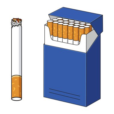 Sigara ve sigara paketi çizimi yanan bir sigaranın vektör grafiği ve sigara dolu mavi bir sigara kutusu tütün ve sigara konsepti.