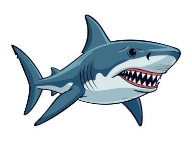 Keskin dişleri, geniş bir ağzı ve kaslı bir vücudu olan büyük bir beyaz köpekbalığı çizimi..