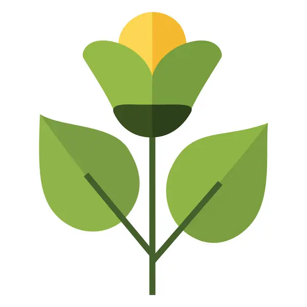 İki yapraklı bir yeşil bitkinin minimalist, düz vektör simgesi ve tepesinde büyümeyi temsil eden küçük sarı bir tomurcuk.