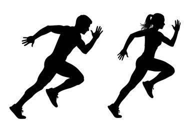 Erkek ve kadın koşucuların dinamik siluetleri tam süratli, fitness, spor ve aktif yaşam tarzı tasarımları için ideal