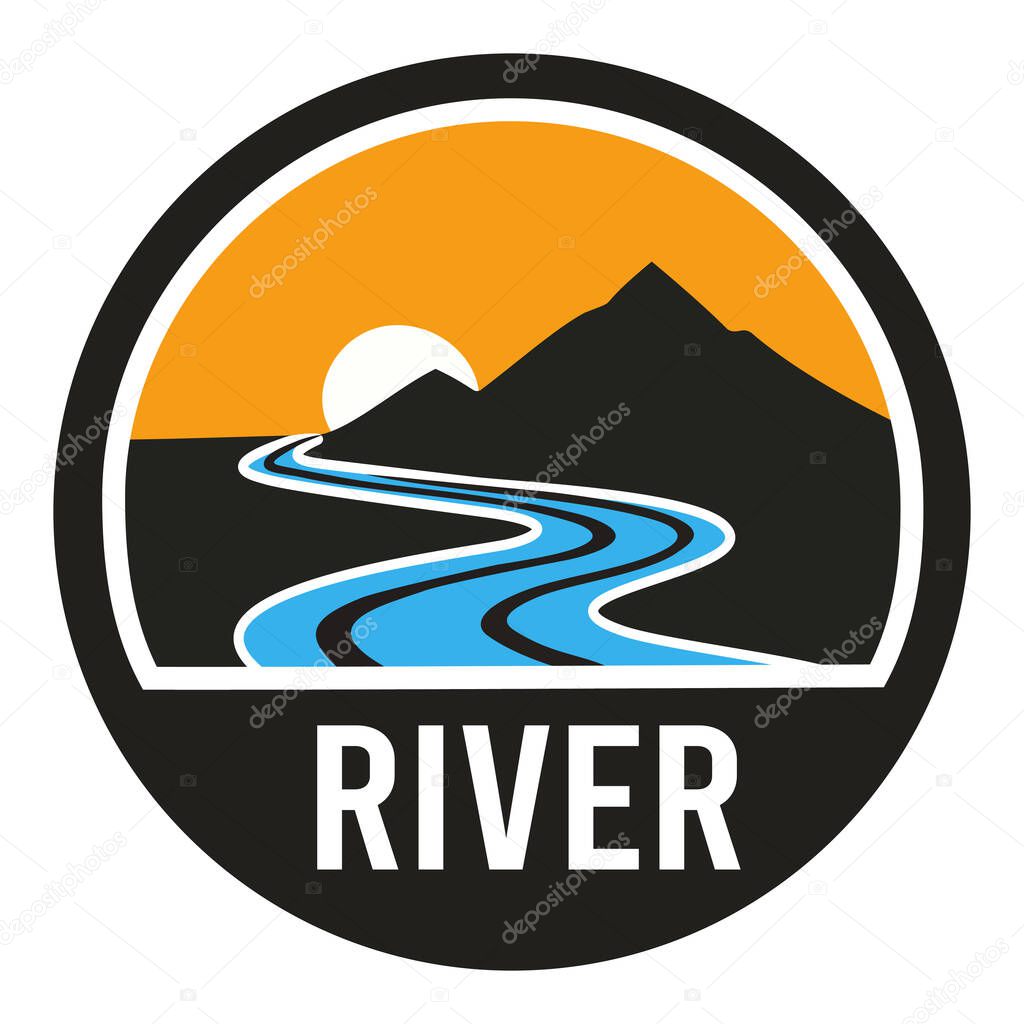 A scenic circular badge featuring a river flowing through mountains at sunset, perfect for outdoor and nature themes.