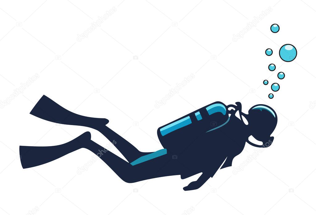 A diver's silhouette underwater with air bubbles, perfect for illustrating scuba diving, ocean exploration and aquatic adventure