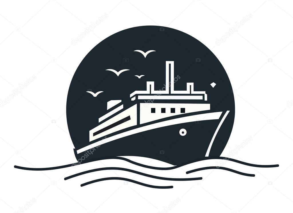 A classic cruise ship sailing on waves under a moonlit sky with birds, symbolizing serene ocean travel and vacations.