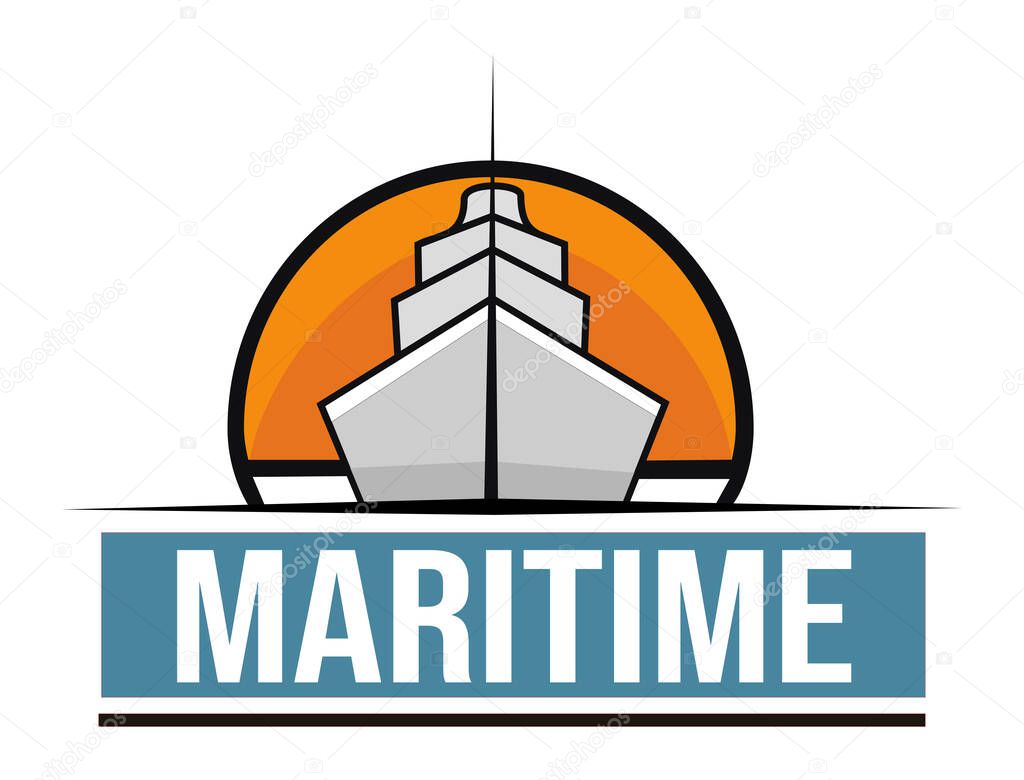 A maritime logo with a ship sailing towards a sunset, symbolizing ocean travel, shipping, and global ventures.