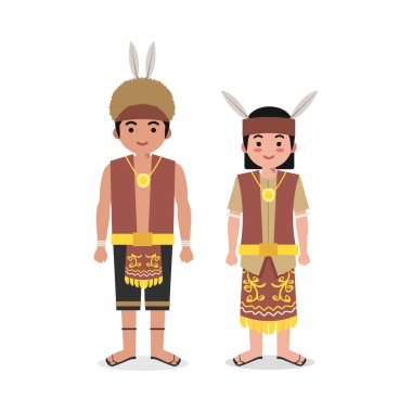 Kalimantan Tengah Geleneksel Giysi Vektörü İllüstrasyon Endonezya Kültür Karakteri