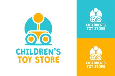 Renkli ve Eğlenceli Çocuklar için Oyuncak Mağazası Logosu Uzaktan Kumandalı Araba Şekilleriyle Sarı ve Mavi Tasarımı