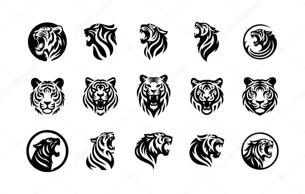 Set of tiger logos in modern minimalist style, suitable for professional and corporate branding. Each logo emphasizes tigers carnivorous nature with clean, powerful illustration.