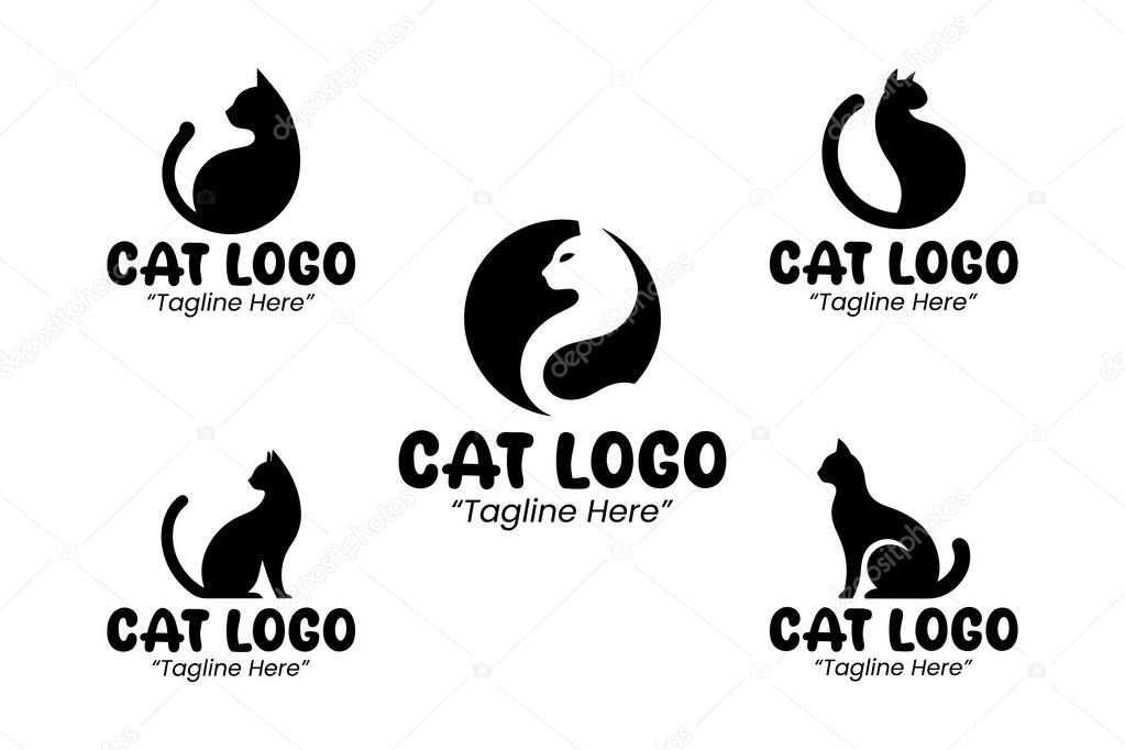 Collection of 5 modern minimalist cat logos. Suitable for professional branding, carnivore mammal illustration, and corporate identity.