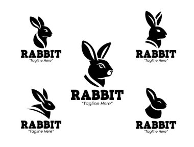 Modern minimalist tarzda 5 adet siyah-beyaz tavşan logosu koleksiyonu. Profesyonel markalaşma, memeli otçul illüstrasyonu ve vahşi yaşam projeleri için ideal..